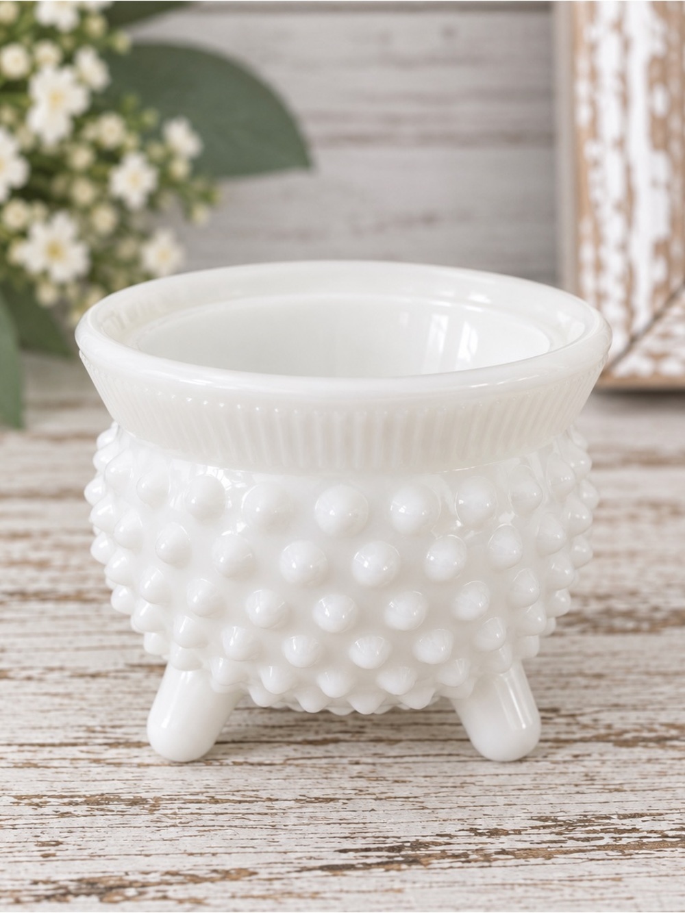 Vintage White Milk Glass Hobnail Footed Toothpick Holder / Mini Vase